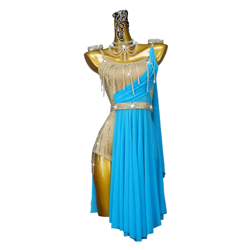 Blue Slip Tassel Latin Dance Dress