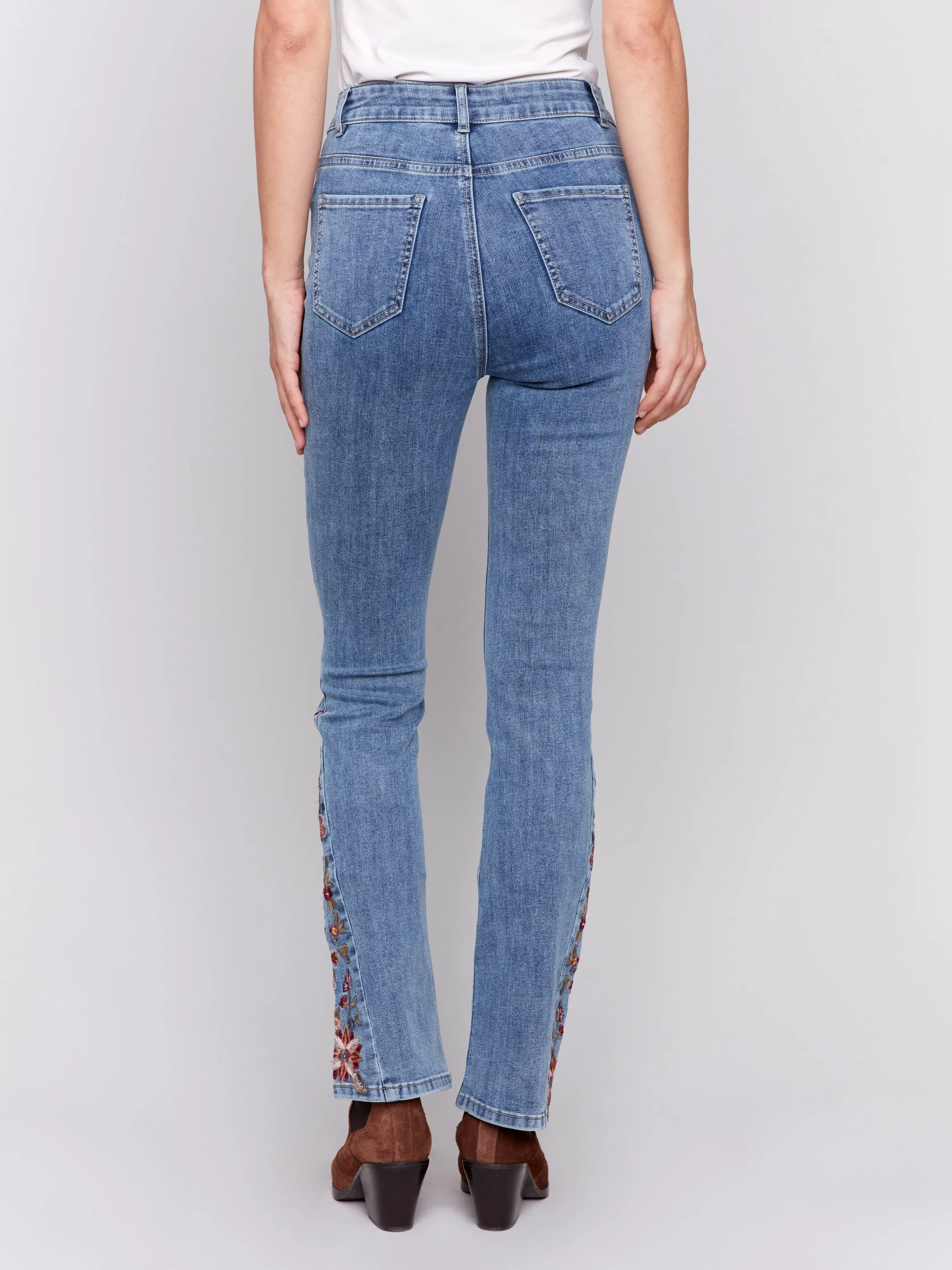 Bootcut Jeans with Floral Embroidery - Medium Blue