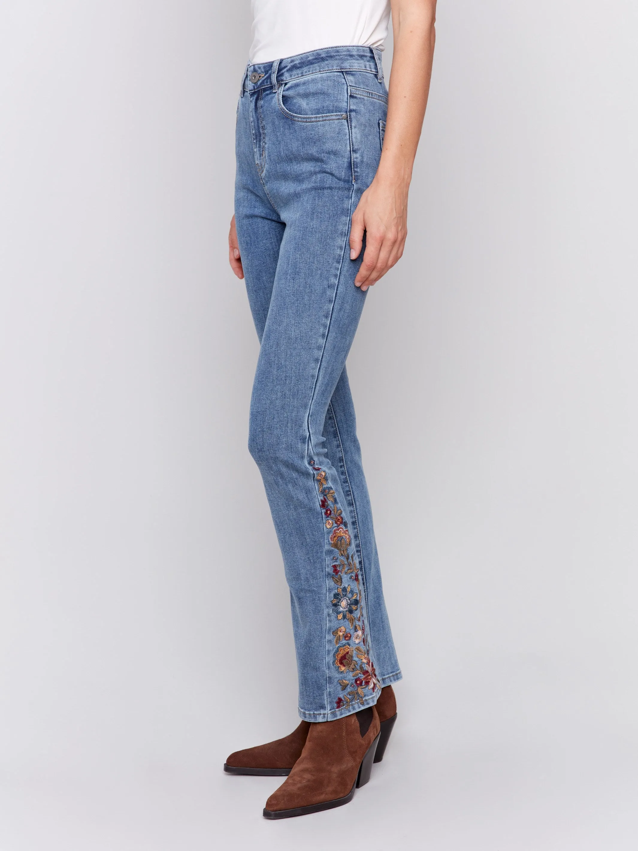 Bootcut Jeans with Floral Embroidery - Medium Blue