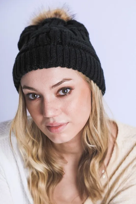 BRAIDED KNITTED FUR POM POM BEANIE