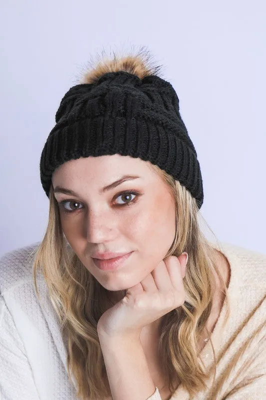 BRAIDED KNITTED FUR POM POM BEANIE