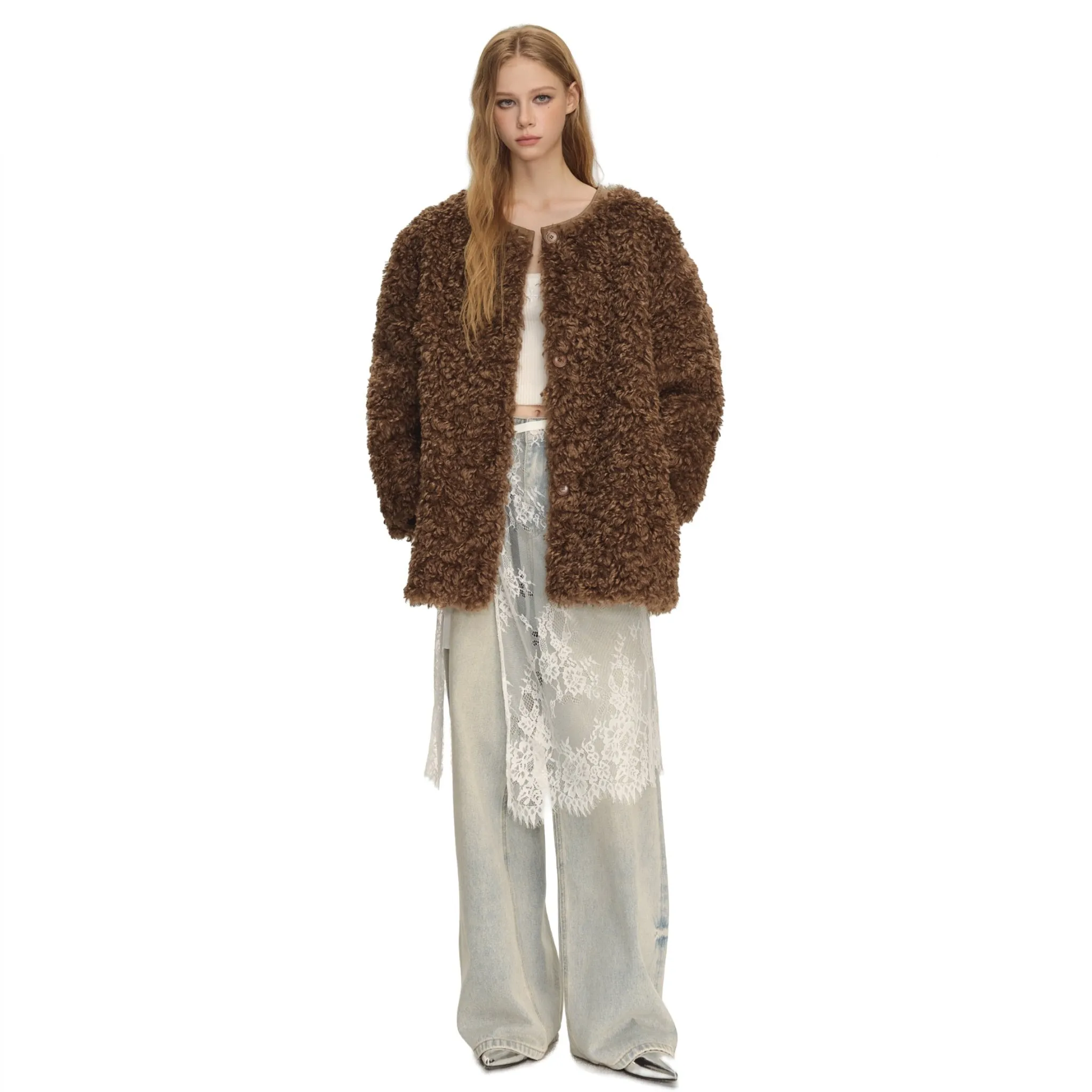 Brown Oversized Round Neck Sherpa Coat