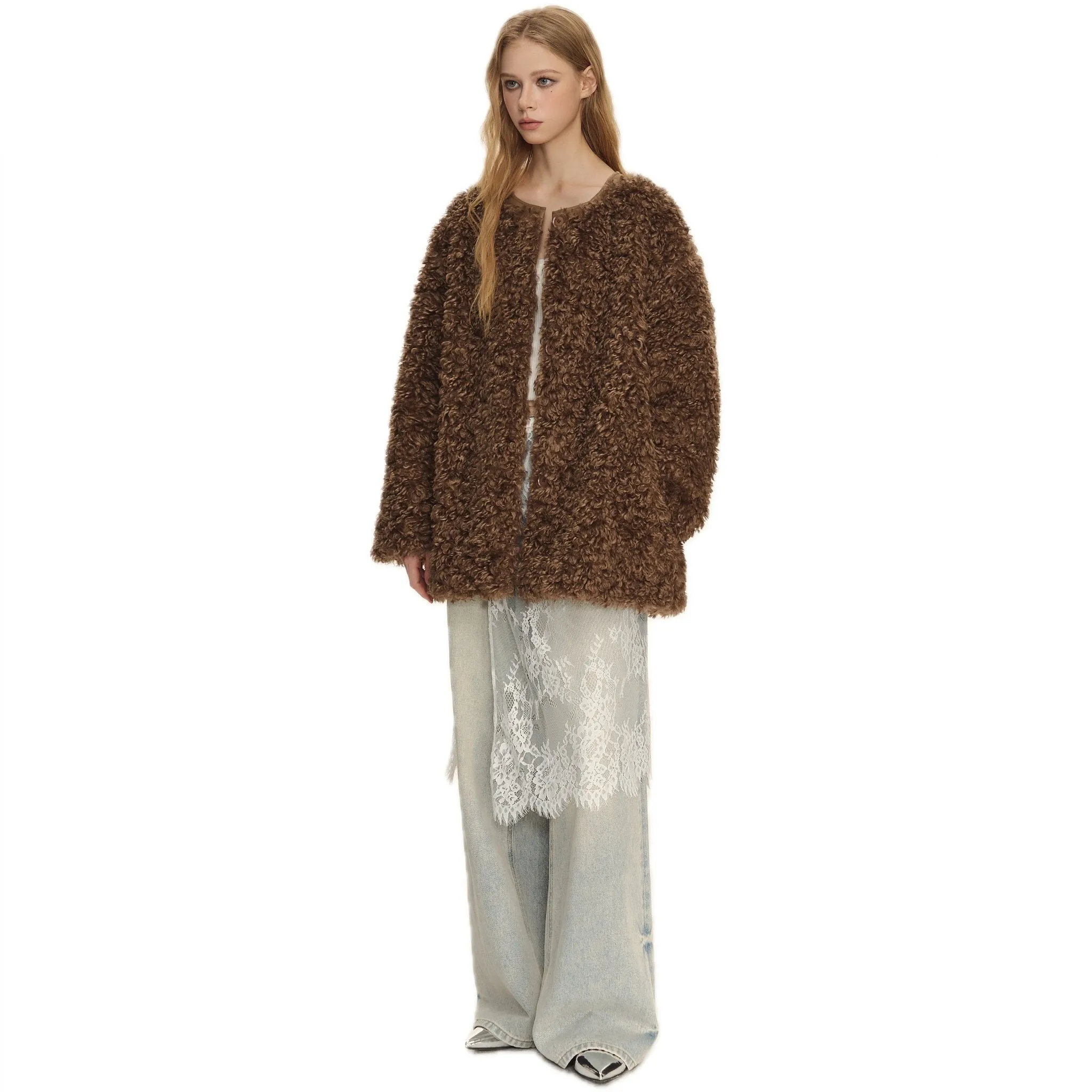 Brown Oversized Round Neck Sherpa Coat