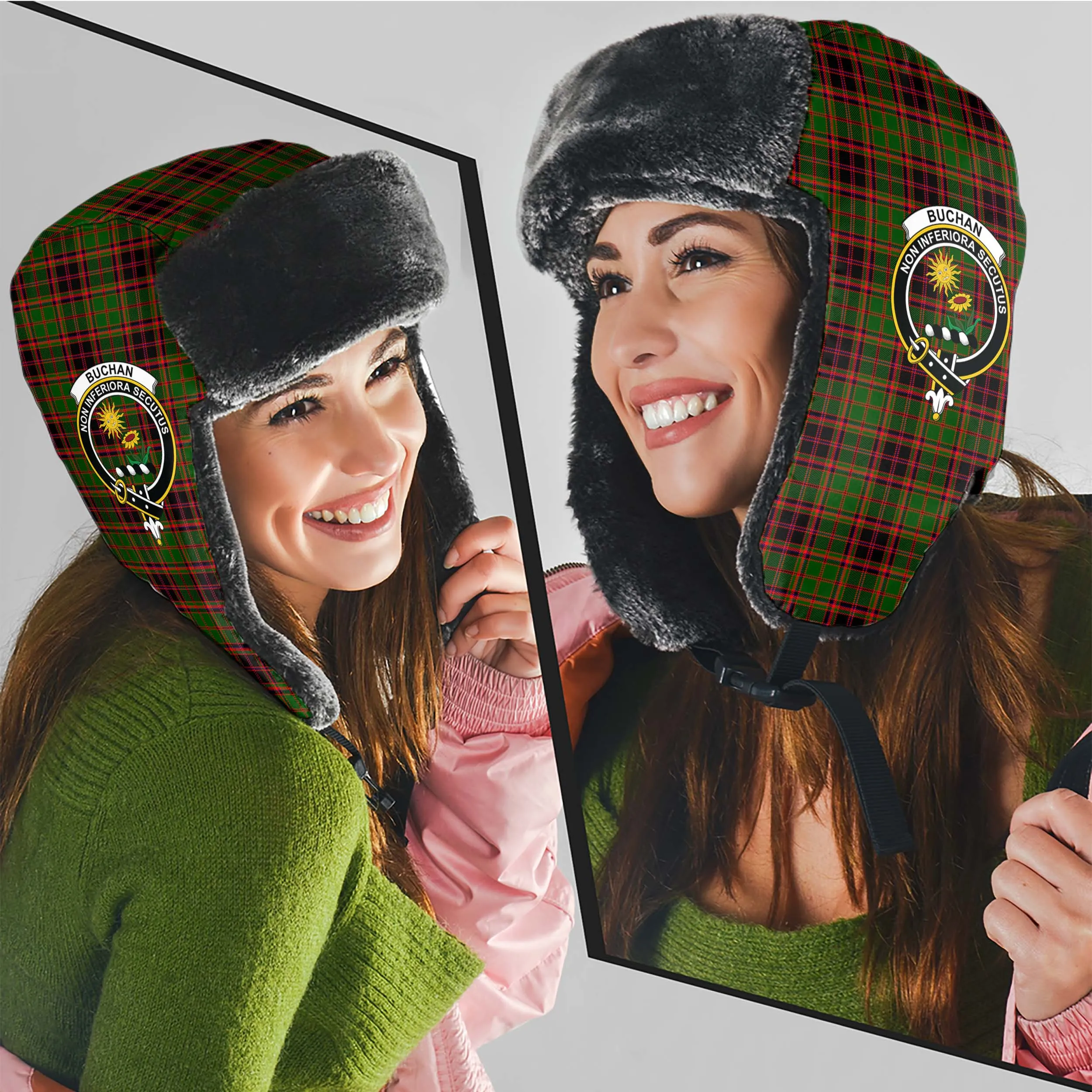 Buchan Tartan Winter Trapper Hat with Family Crest