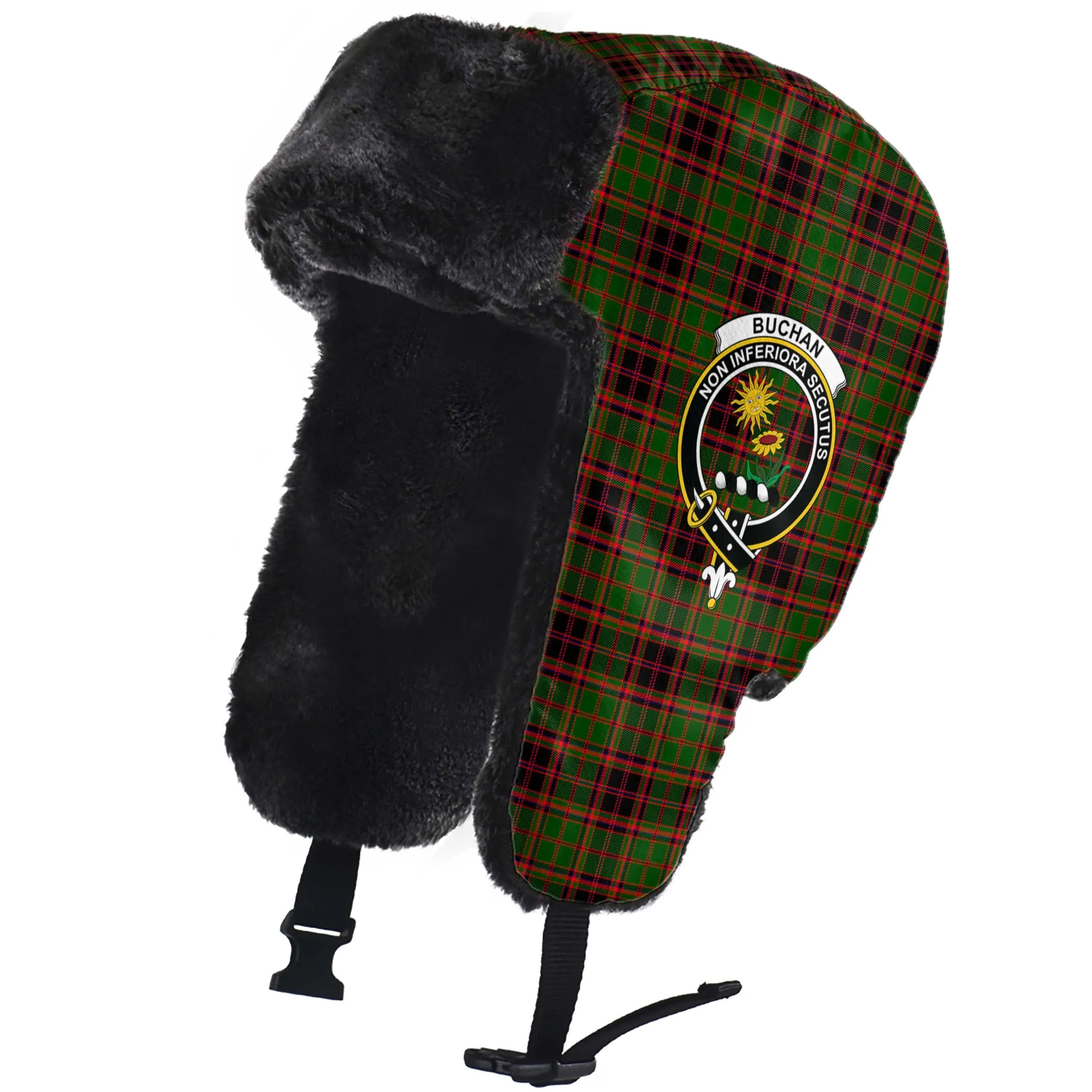 Buchan Tartan Winter Trapper Hat with Family Crest