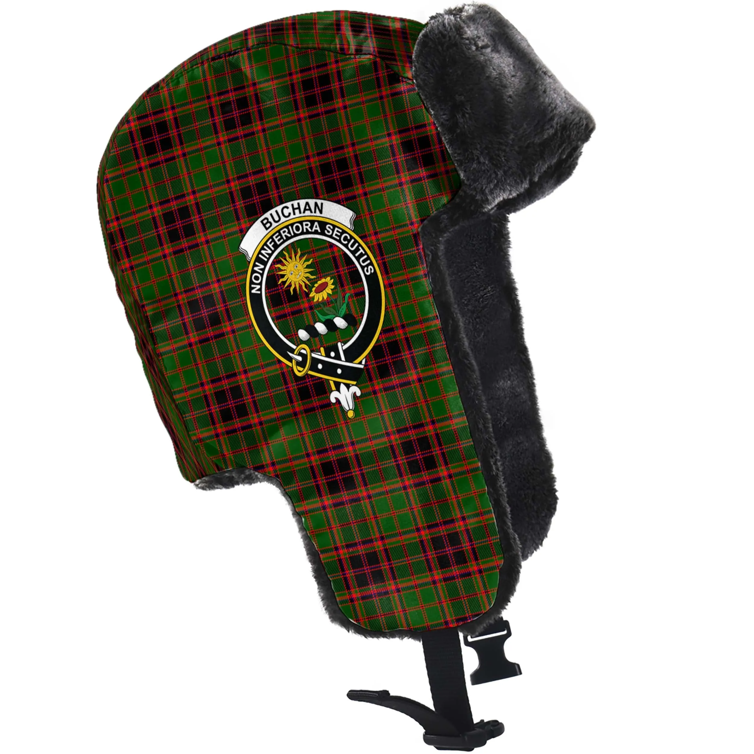 Buchan Tartan Winter Trapper Hat with Family Crest