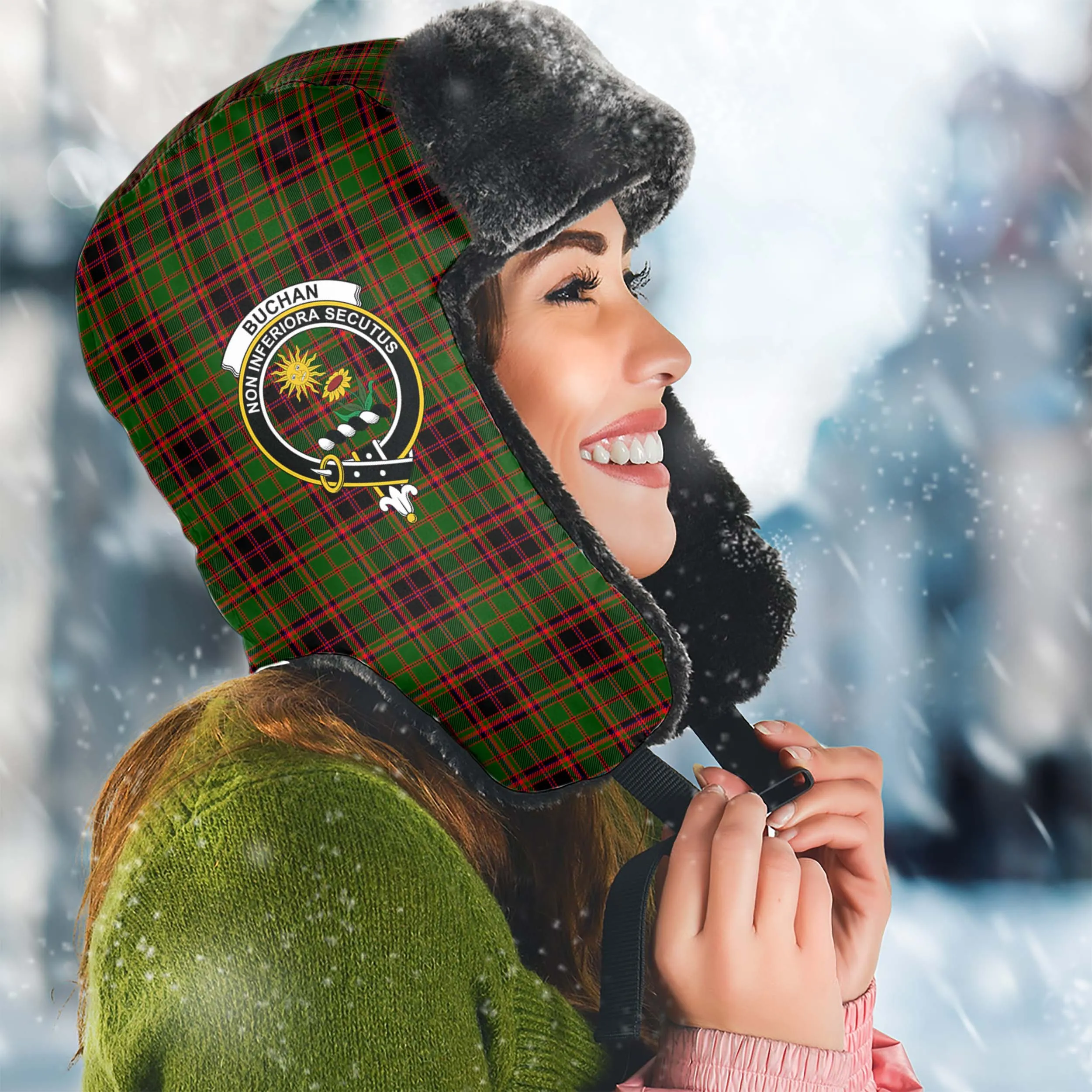 Buchan Tartan Winter Trapper Hat with Family Crest