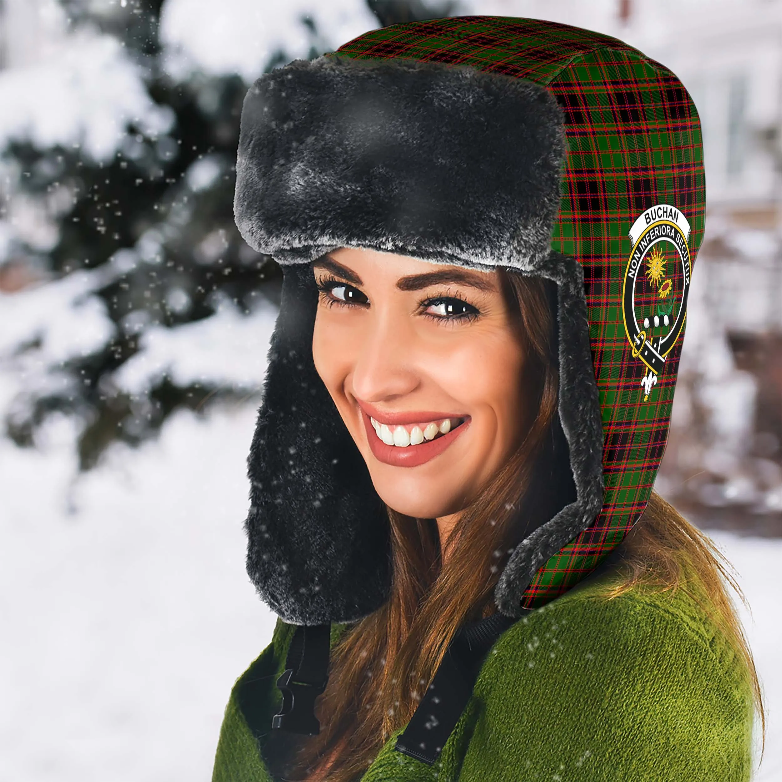 Buchan Tartan Winter Trapper Hat with Family Crest