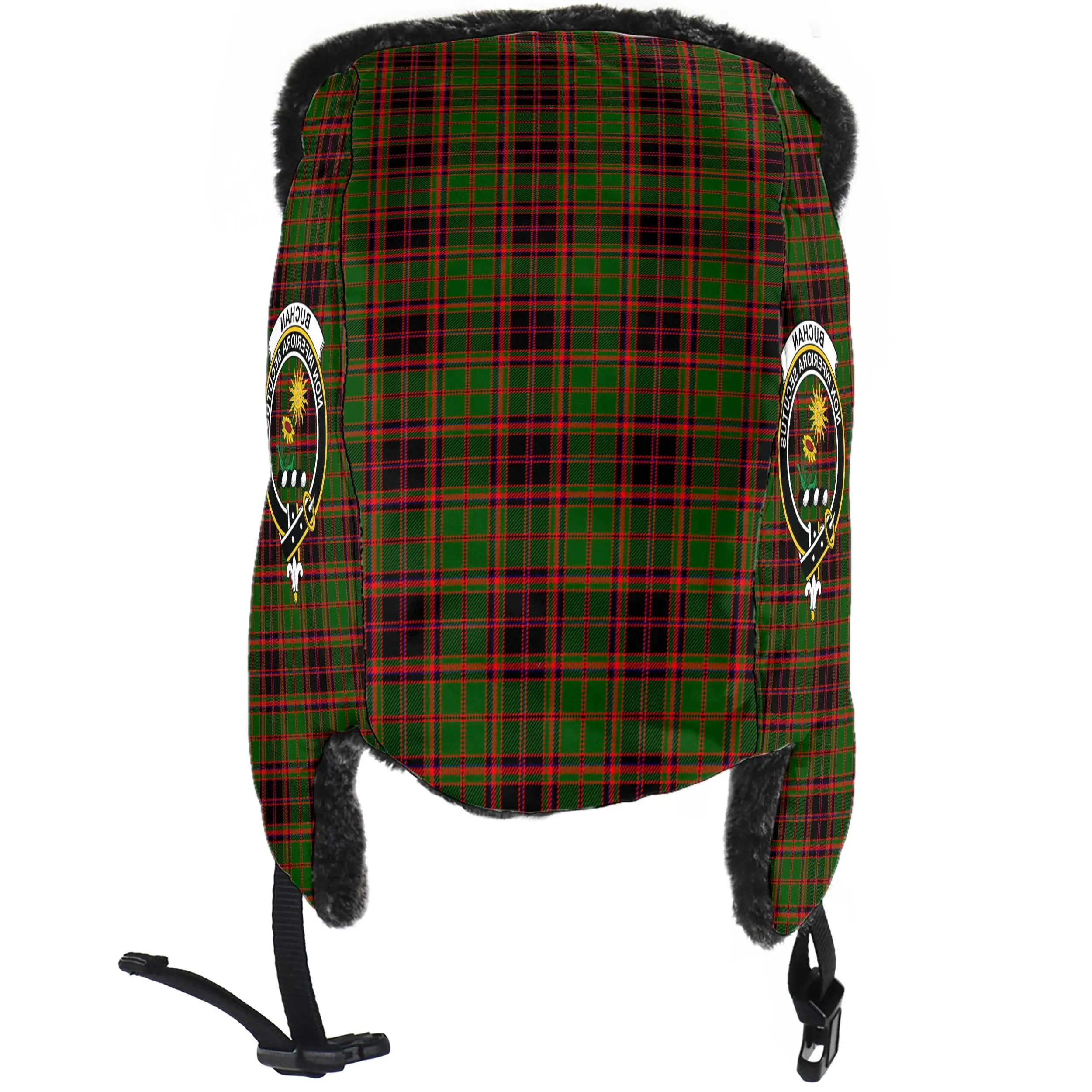 Buchan Tartan Winter Trapper Hat with Family Crest