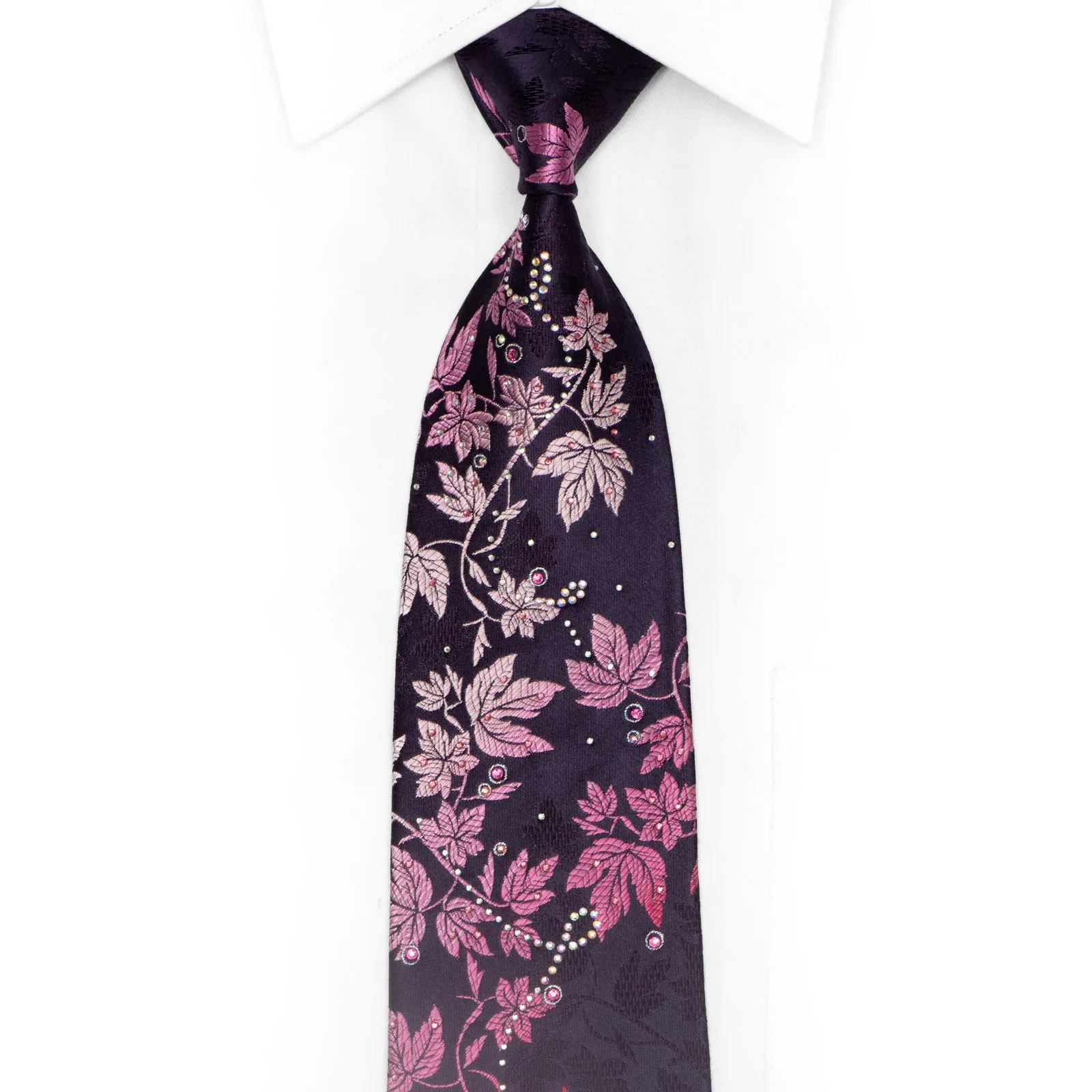 Burgundy Floral Scrolls On Navy Rhinestone Silk Tie With Silver Sparkles