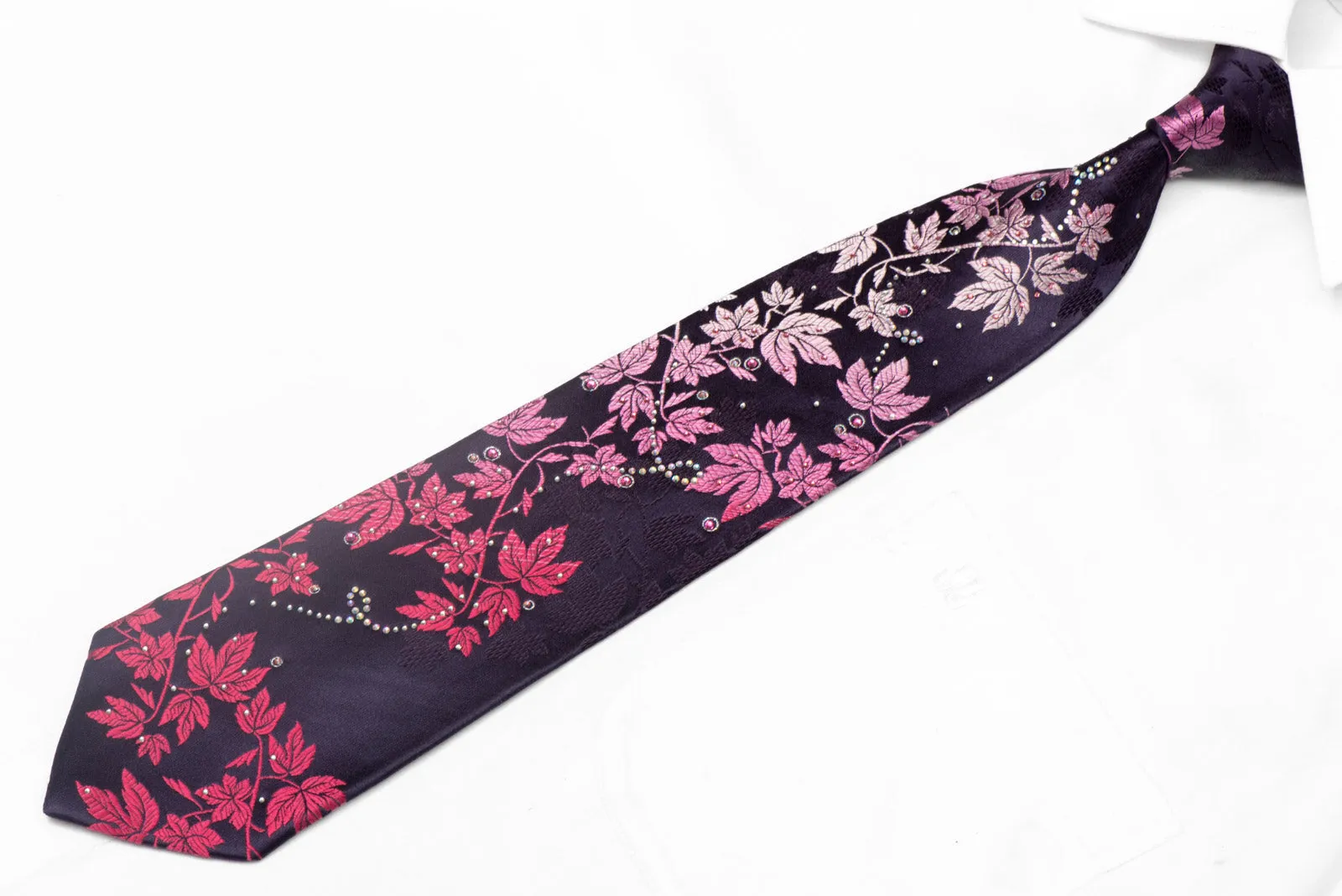 Burgundy Floral Scrolls On Navy Rhinestone Silk Tie With Silver Sparkles