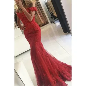 Burgundy Lace Beaded Off-the-shoulder Mermaid Prom Dress