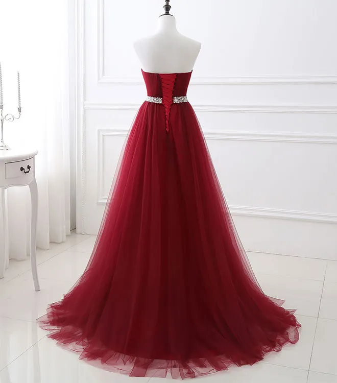 Burgundy Sweet Neck Tulle Long Prom Gown, Burgundy Evening Dress