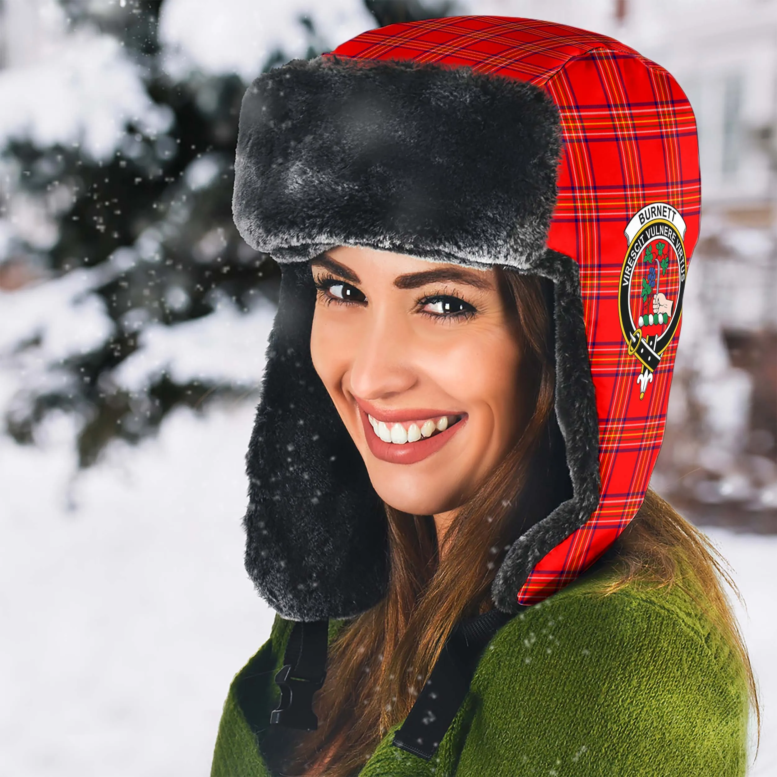 Burnett Modern Tartan Winter Trapper Hat with Family Crest