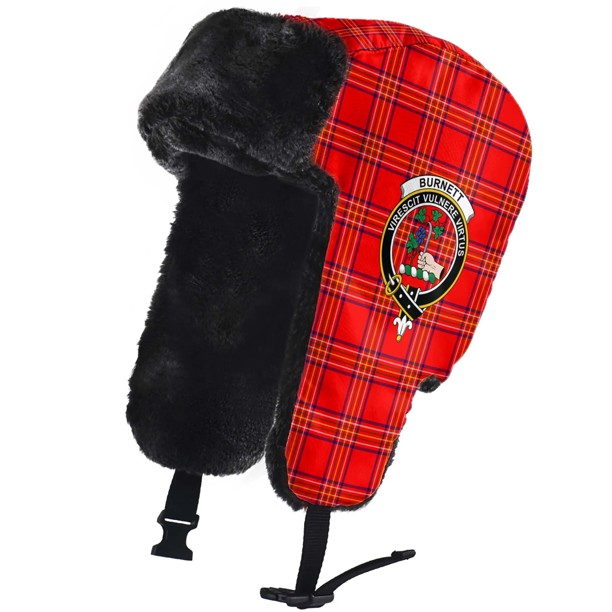 Burnett Modern Tartan Winter Trapper Hat with Family Crest