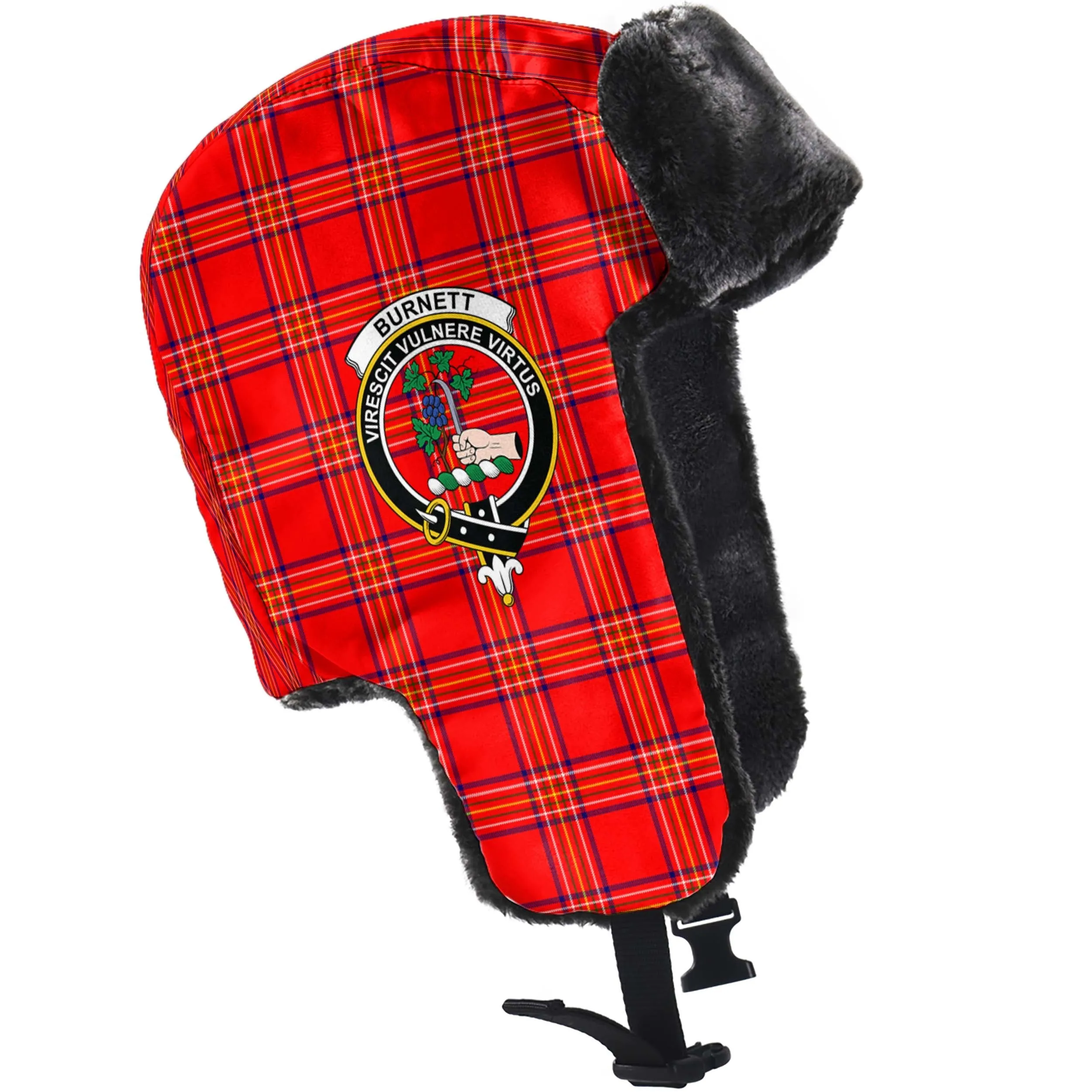 Burnett Modern Tartan Winter Trapper Hat with Family Crest