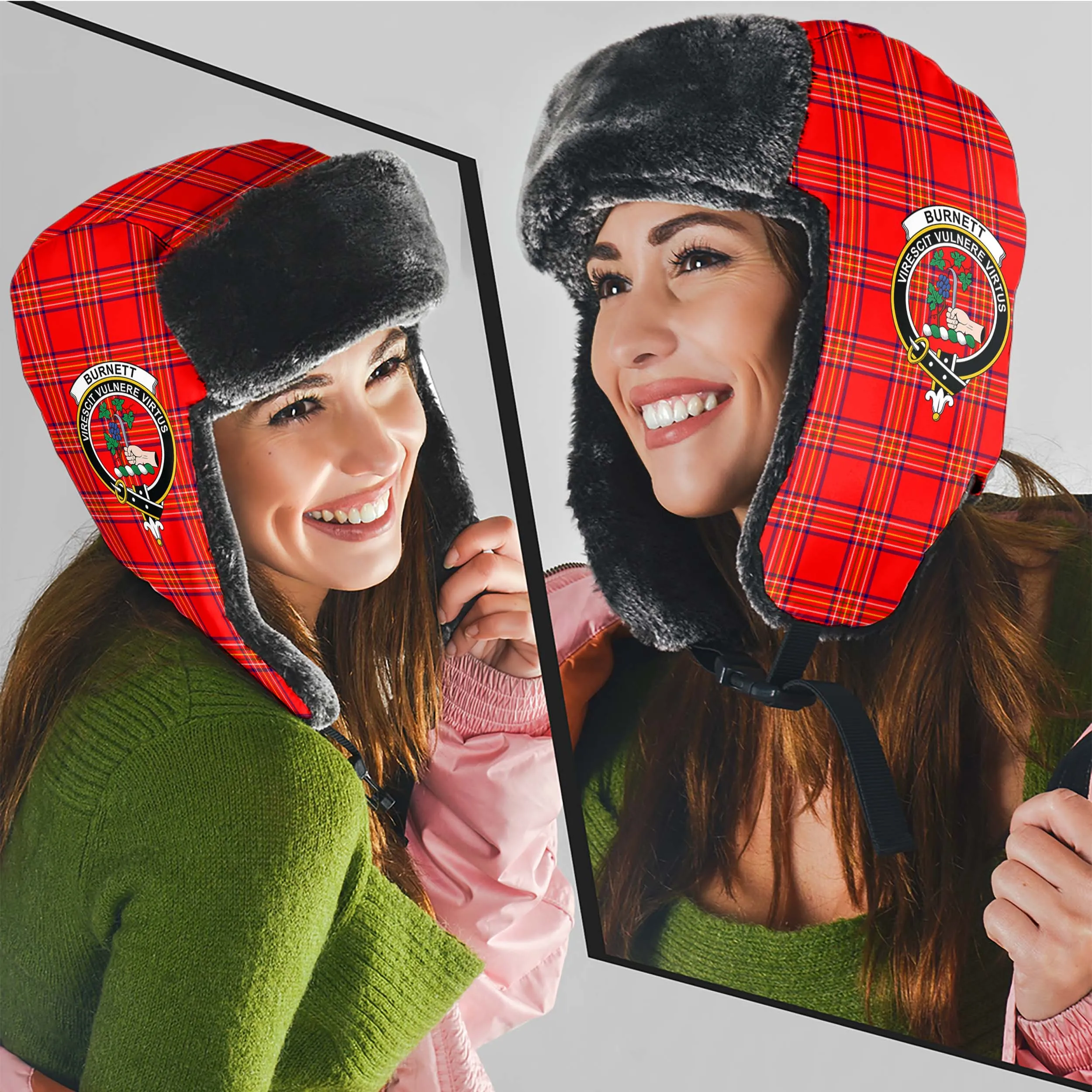 Burnett Modern Tartan Winter Trapper Hat with Family Crest