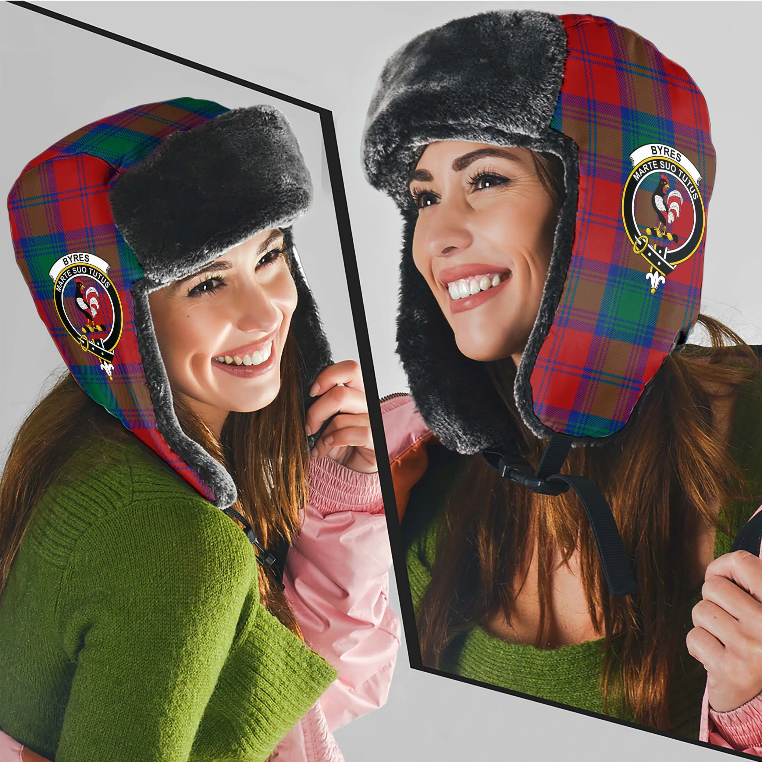 Byres (Byses) Tartan Winter Trapper Hat with Family Crest