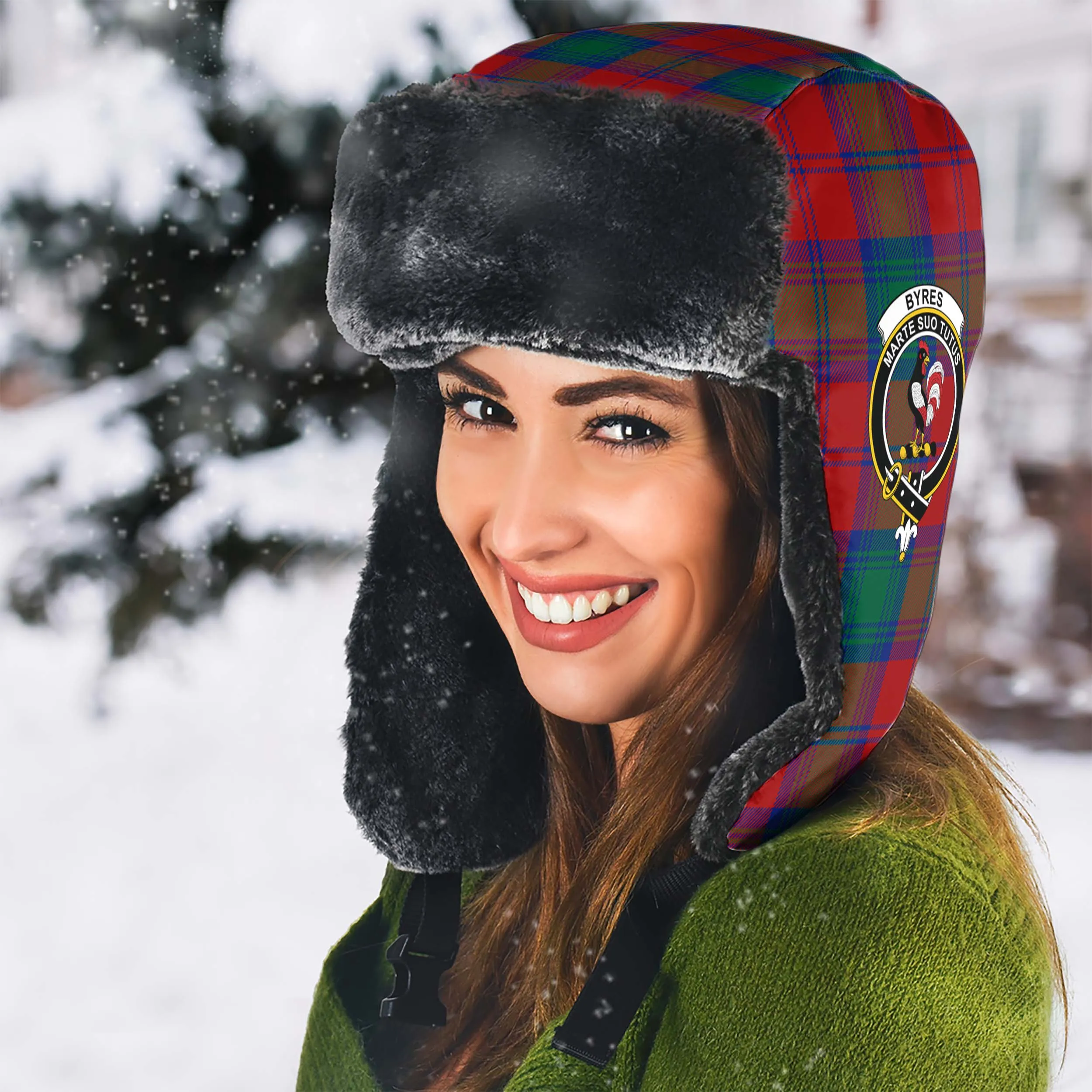 Byres (Byses) Tartan Winter Trapper Hat with Family Crest