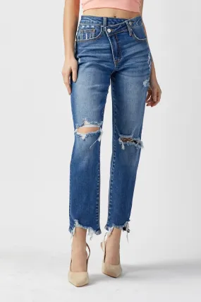 Cali Cross Over Distressed Girlfriend Jeans