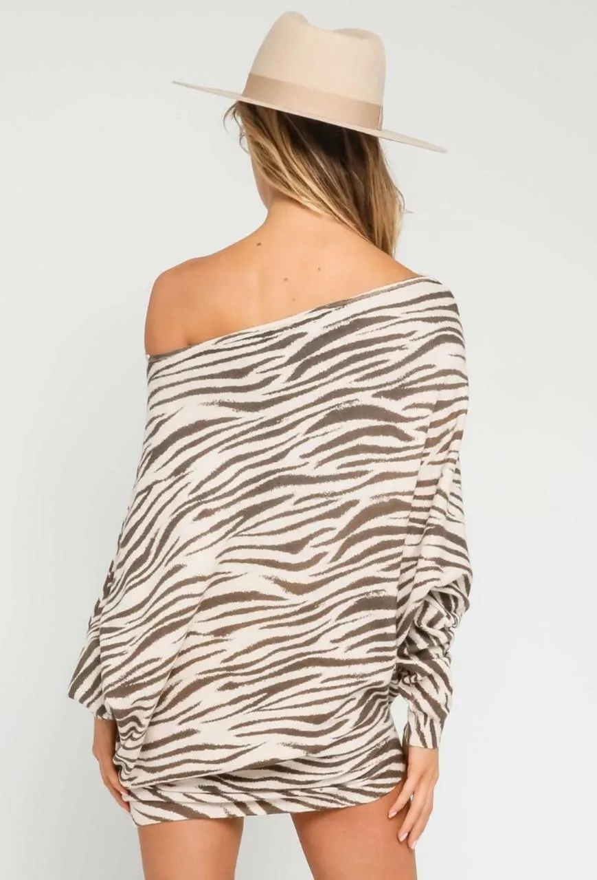 Calliope Taupe Zebra Print Off-the-Shoulder Tunic Sweater