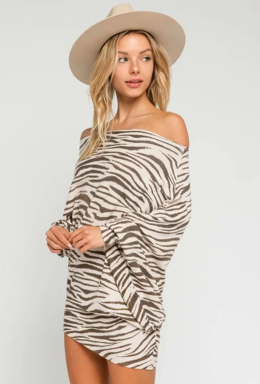 Calliope Taupe Zebra Print Off-the-Shoulder Tunic Sweater