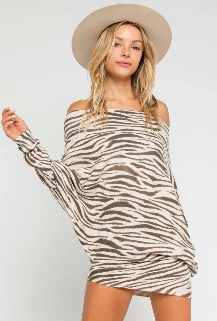 Calliope Taupe Zebra Print Off-the-Shoulder Tunic Sweater