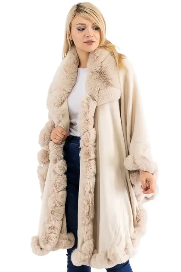 Cap Zone - Ruffle Twisted Bubble Teddy Faux Fur Lined Open Ruana Poncho - Beige