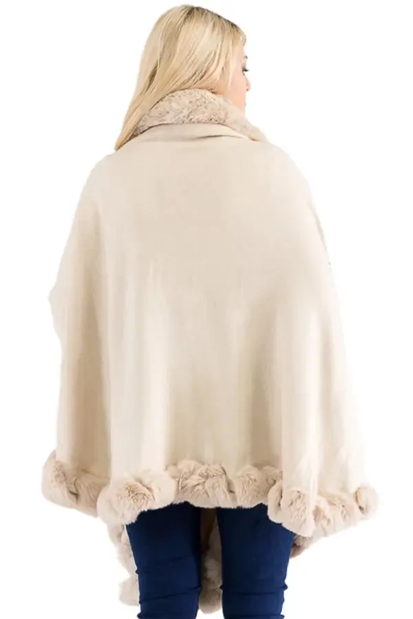 Cap Zone - Ruffle Twisted Bubble Teddy Faux Fur Lined Open Ruana Poncho - Beige