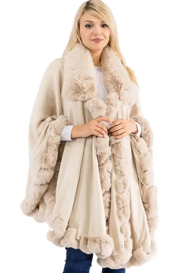 Cap Zone - Ruffle Twisted Bubble Teddy Faux Fur Lined Open Ruana Poncho - Beige