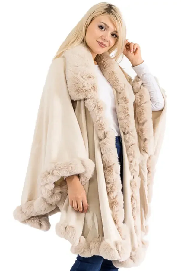 Cap Zone - Ruffle Twisted Bubble Teddy Faux Fur Lined Open Ruana Poncho - Beige