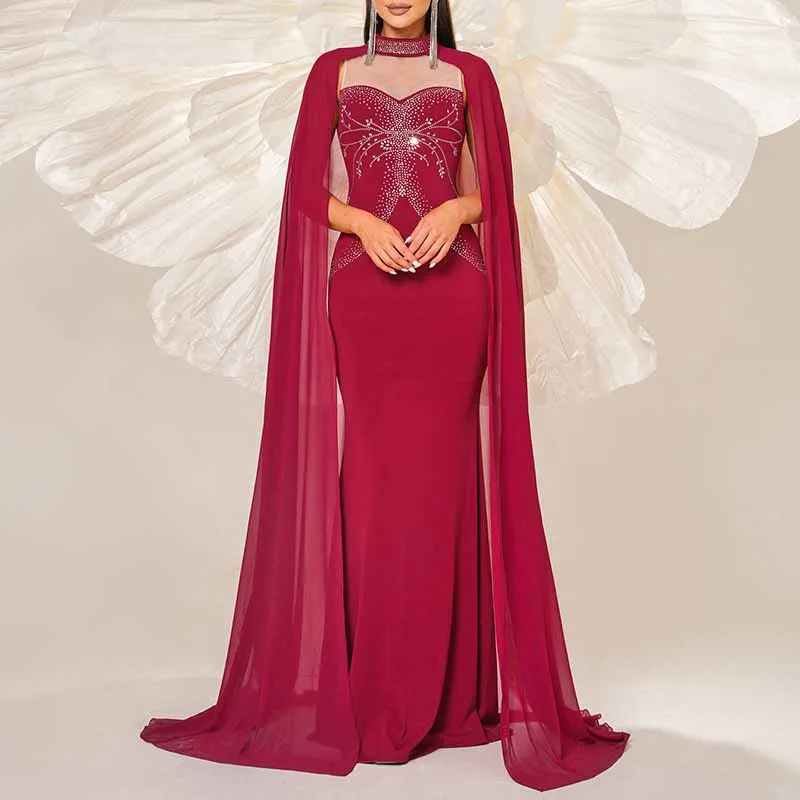 Cape Sleeve Prom Dress Burgundy Mermaid Evening Dress Ball Gown Wedding Party Dress