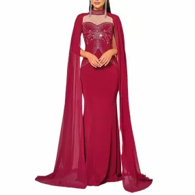 Cape Sleeve Prom Dress Burgundy Mermaid Evening Dress Ball Gown Wedding Party Dress