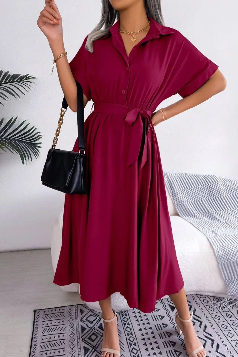 CASUAL LOOSE SOLID COLOR LACE UP SHIRT LONG DRESS_CWDSD2508