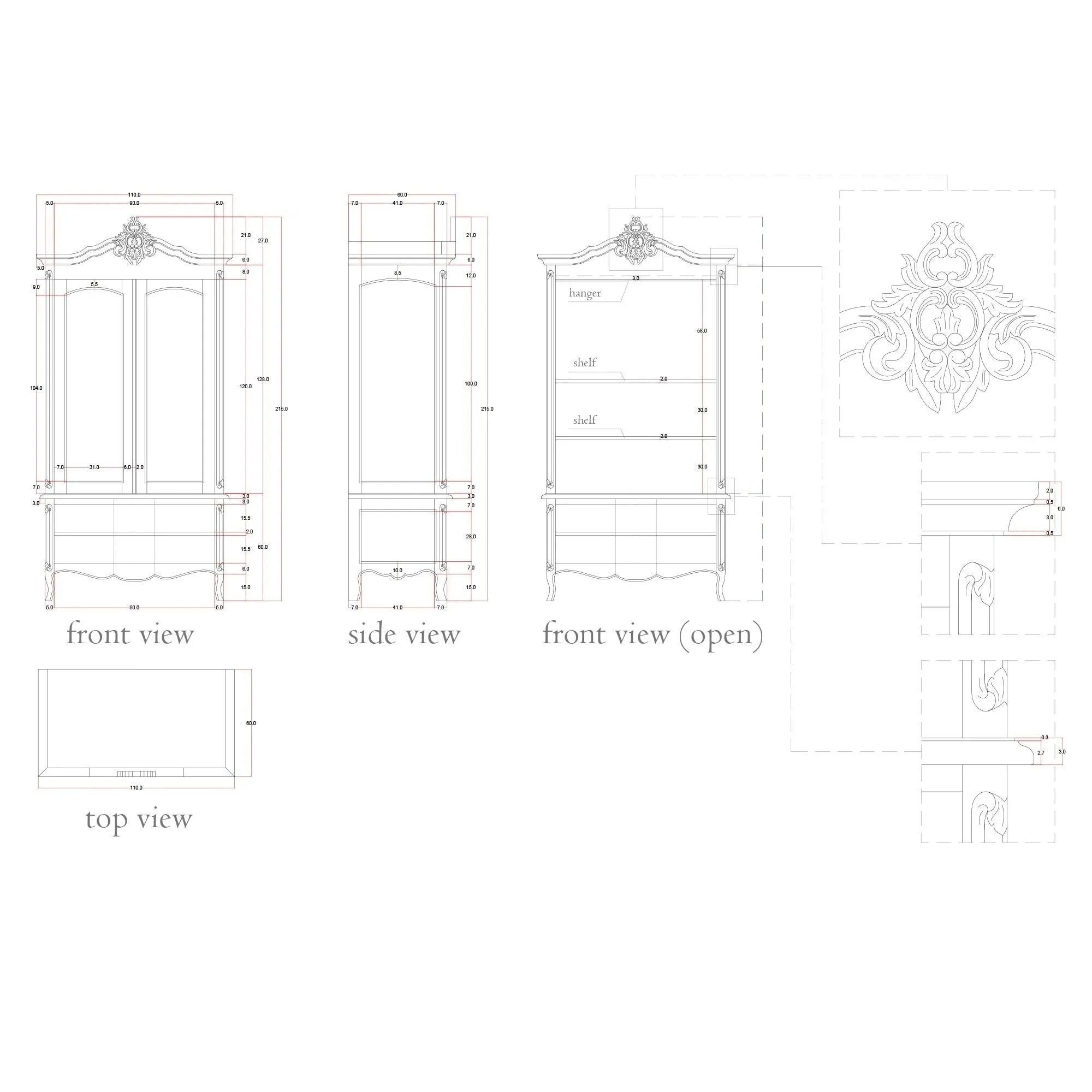 Classic French Style Hand Carving Teak Wood Wardrobe