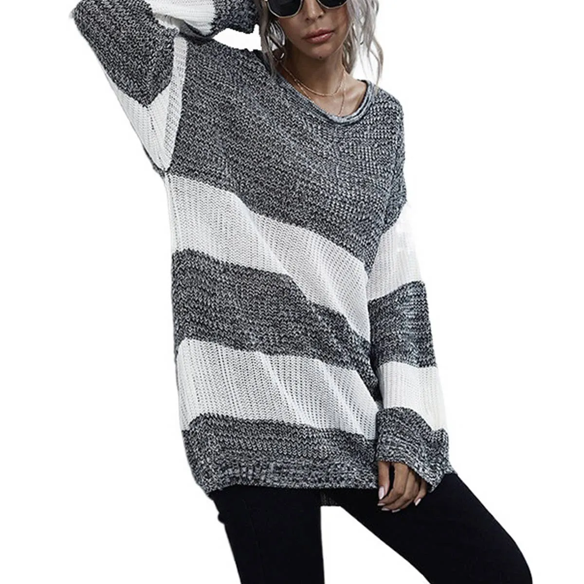 CONTRASTING STRIPED PATCHWORK SWEATER_CWOSWL2110