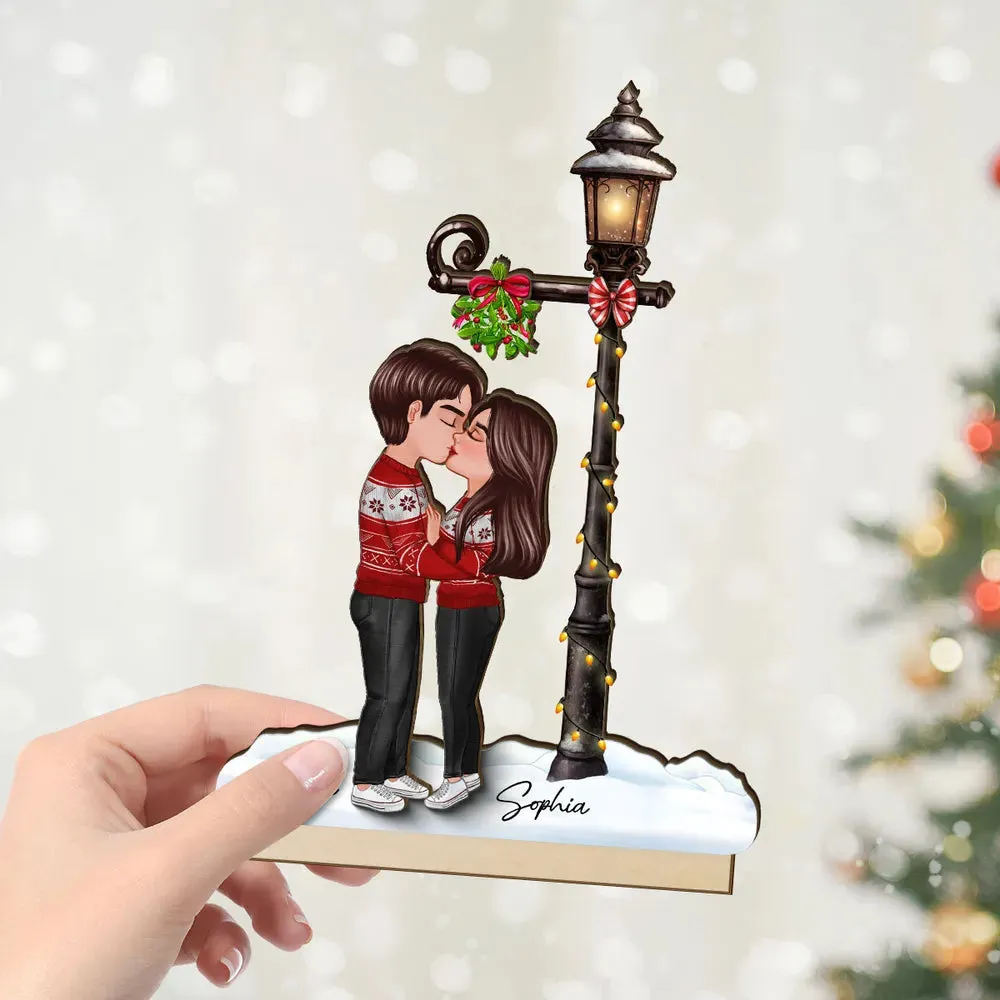 Couple Kissing Under Mistletoe Lamp Post Christmas Decor Personalized 2-Layer Standing Wooden Plaque