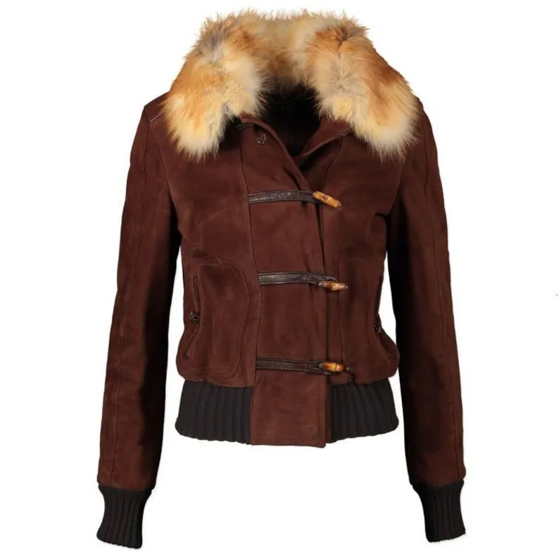 Cropped Style Bomber Leather Jacket with Fur Collar Brown Suede Coat Womens