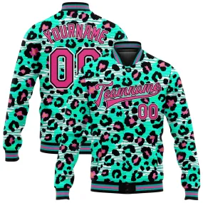 Custom Aqua Pink-Black Leopard Print 3D Pattern Design Bomber Full-Snap Varsity Letterman Jacket