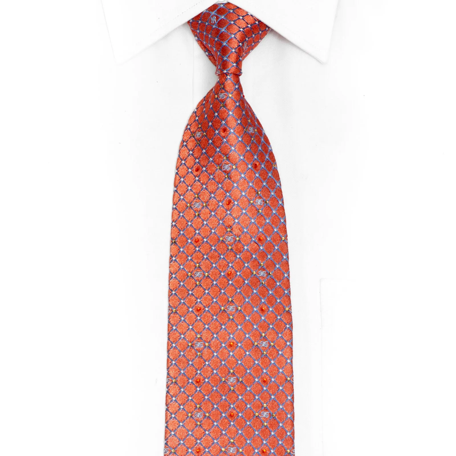 Diagonal Mauve Trellis On Peach Rhinestone Tie With Red Sparkles