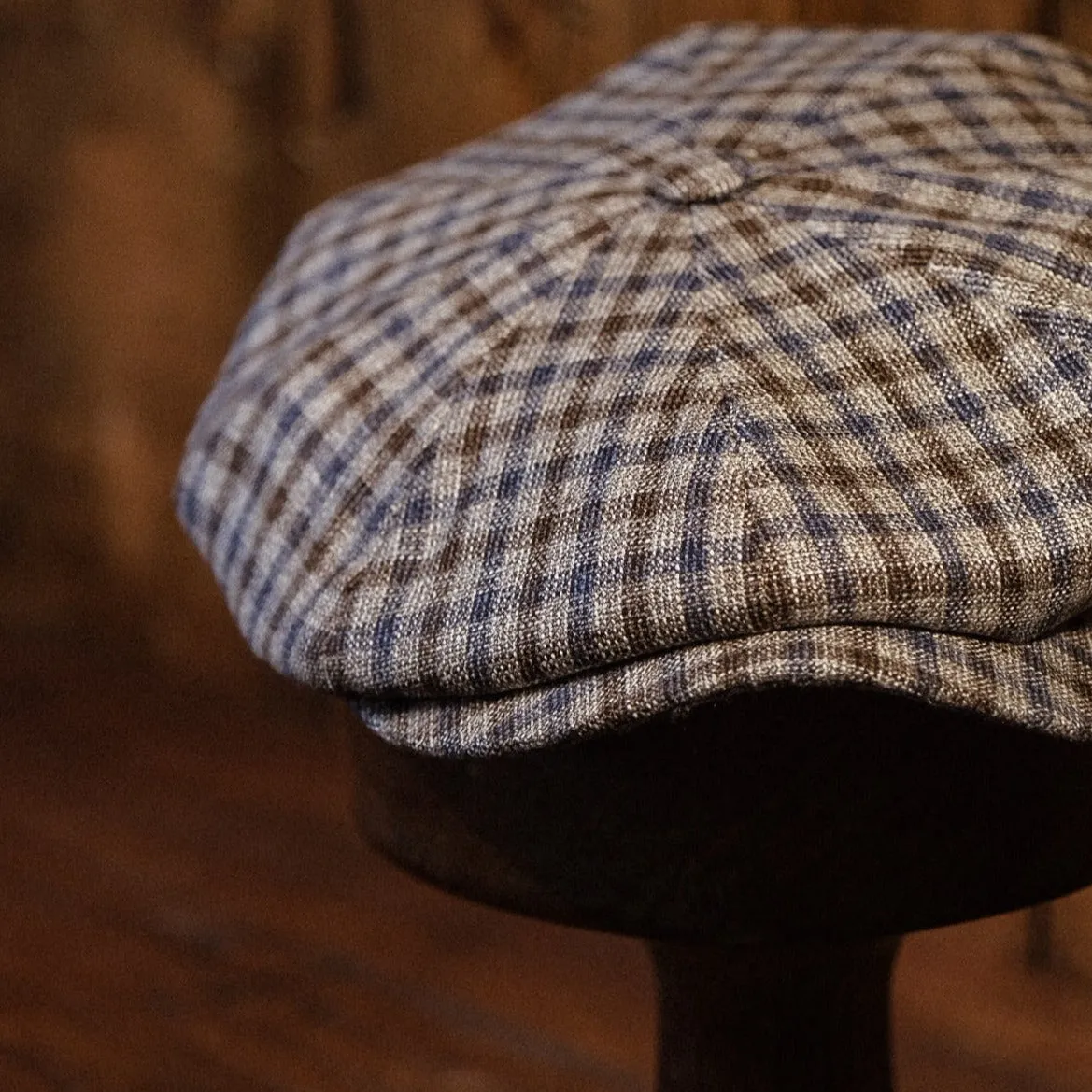 Eight Piece Brown & Navy Gingham Newsboy Cap