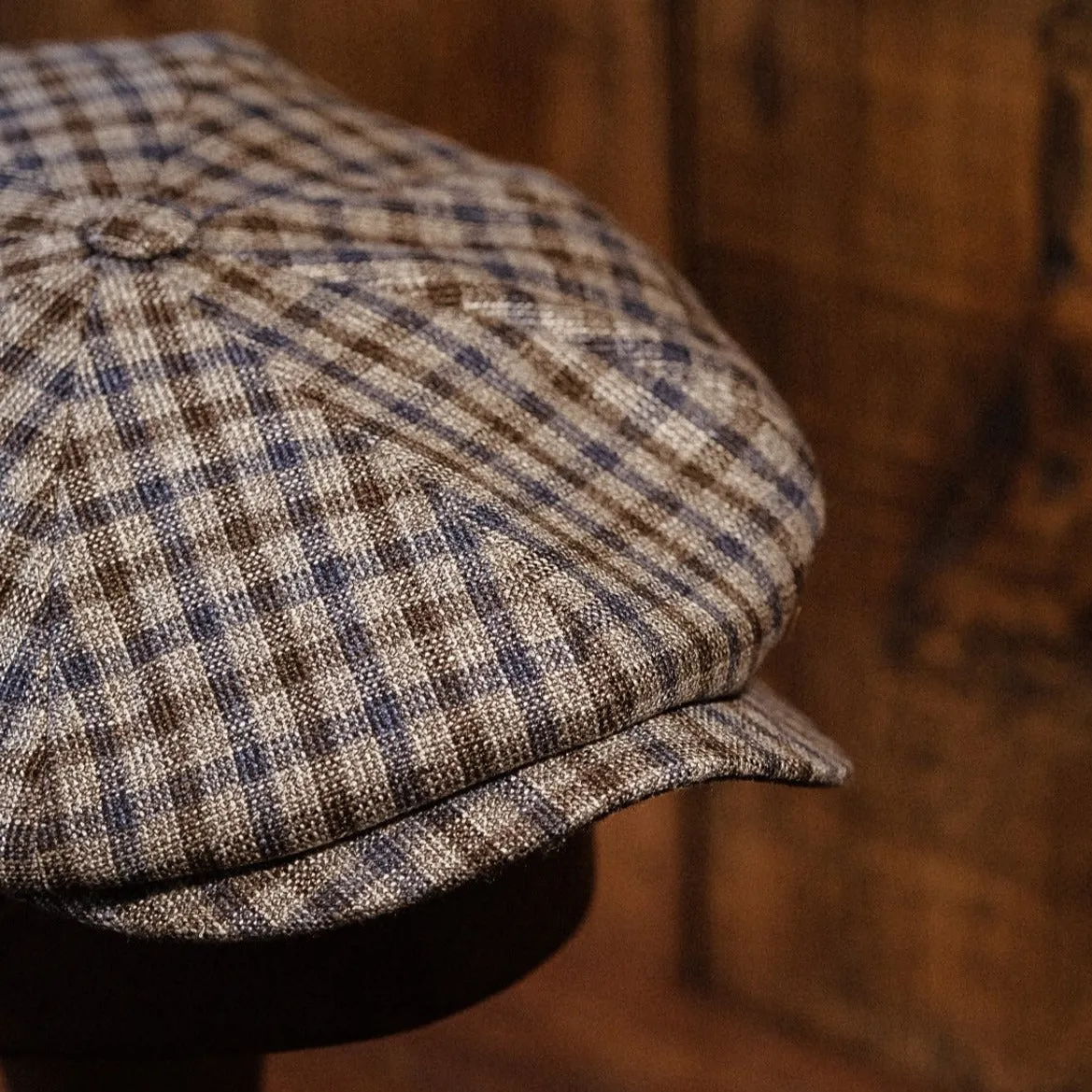 Eight Piece Brown & Navy Gingham Newsboy Cap