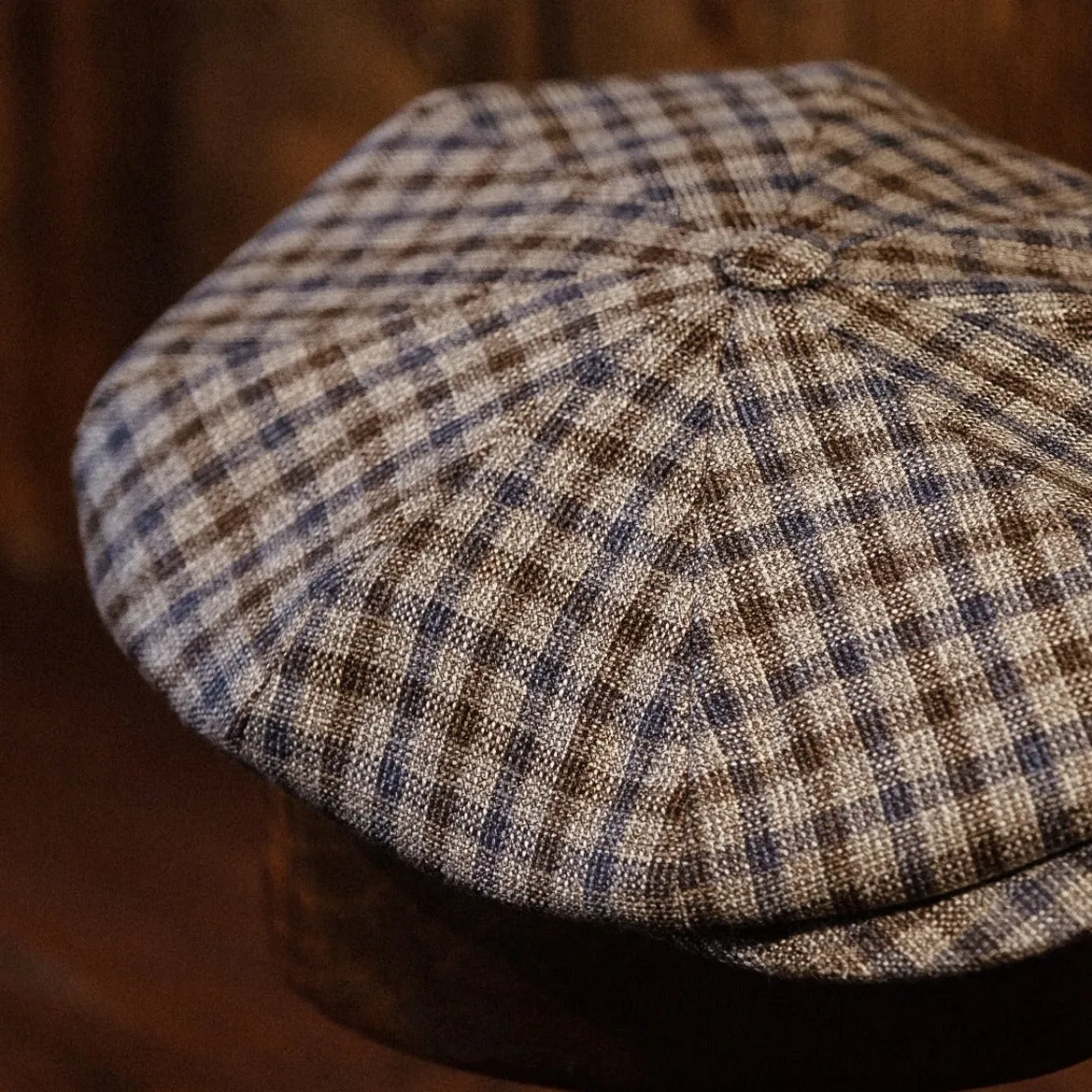 Eight Piece Brown & Navy Gingham Newsboy Cap