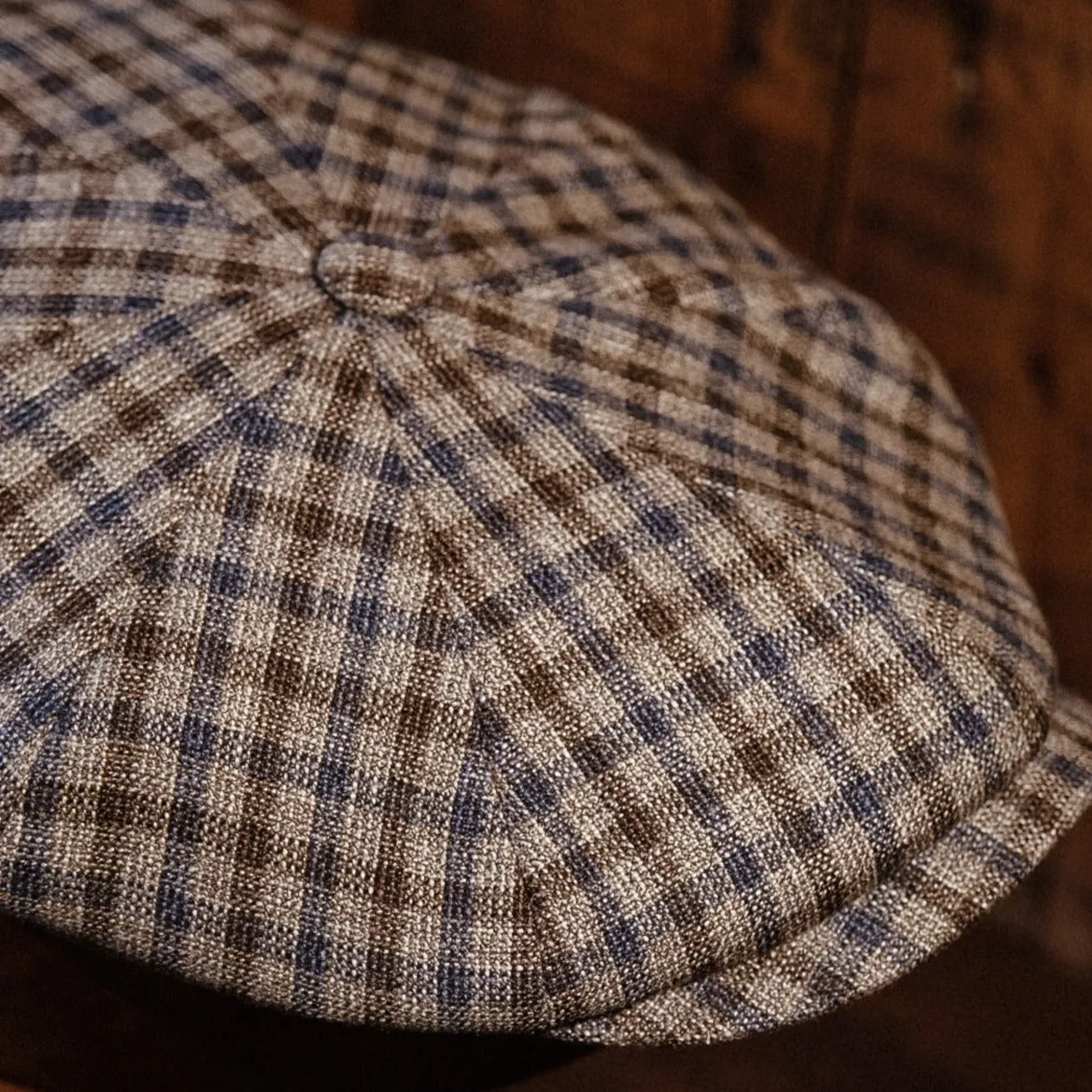 Eight Piece Brown & Navy Gingham Newsboy Cap