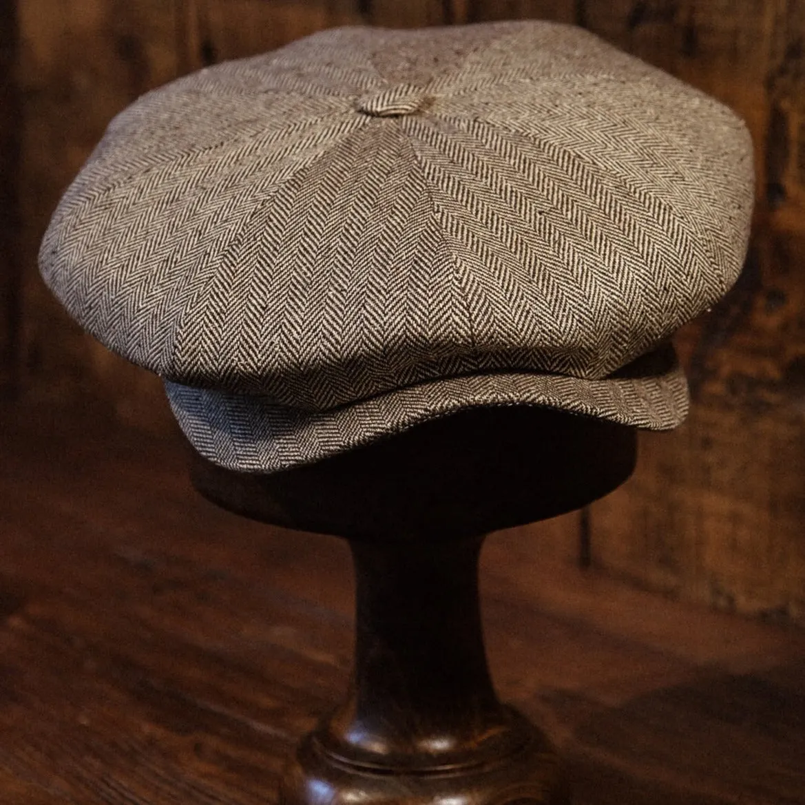 Eight Piece Light Grey Micro Herringbone Silk Newsboy Cap