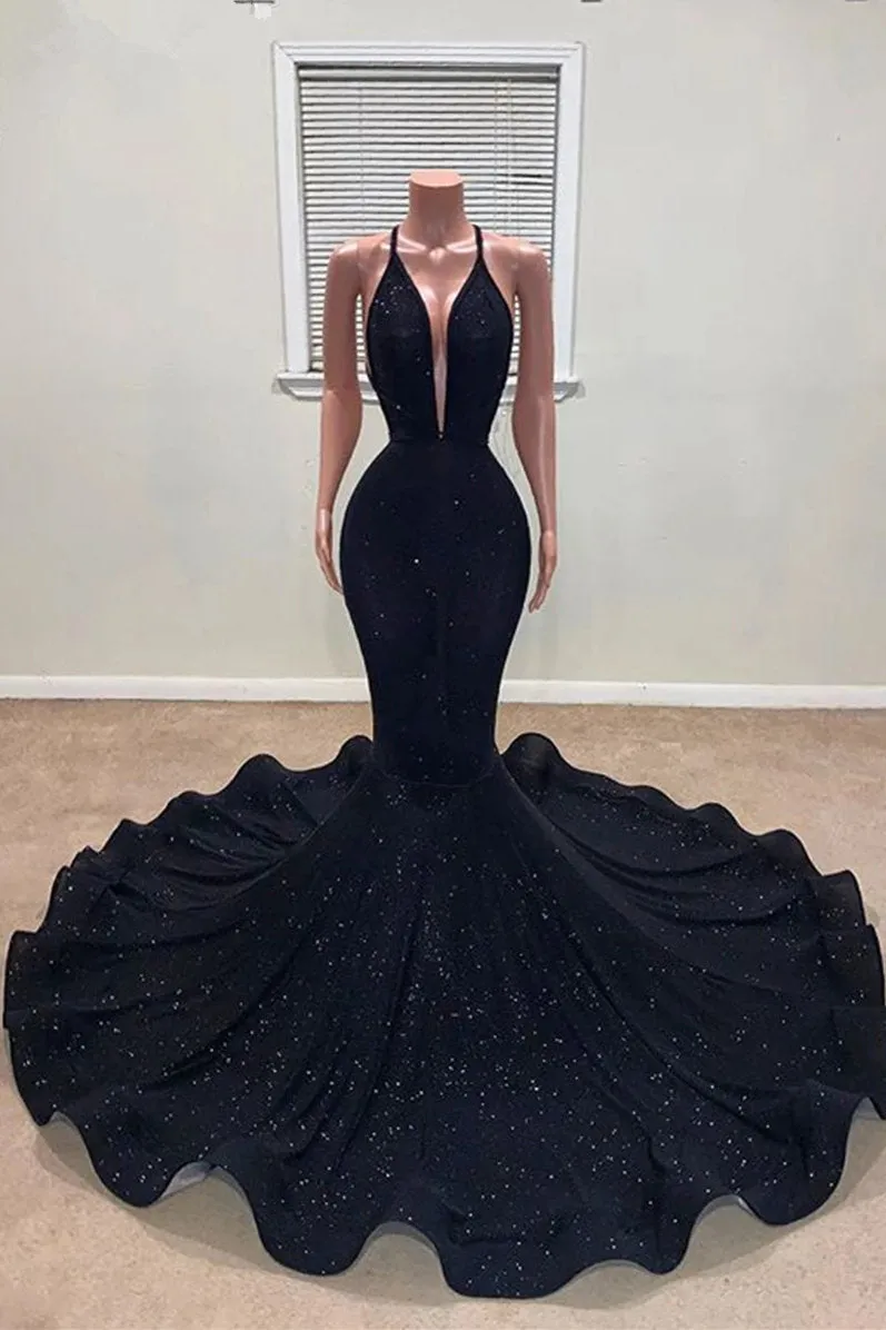 Elegant Black V-neck Spaghetti Straps Sleeveless Floor-length Mermaid Prom Dresses