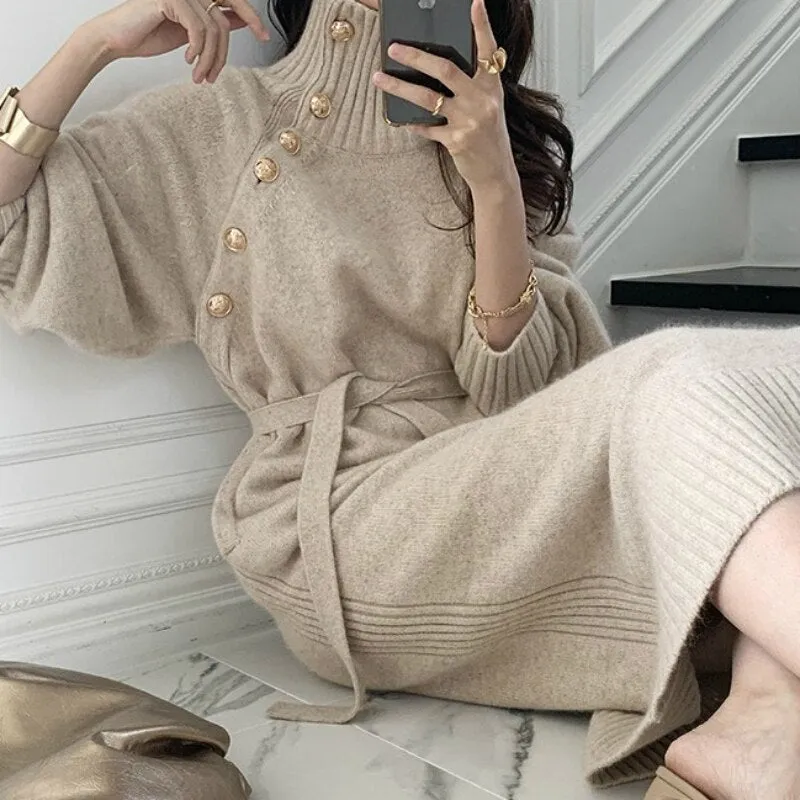 Elegant Turtleneck Sweater Dress with Lantern Sleeves