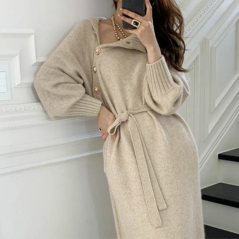 Elegant Turtleneck Sweater Dress with Lantern Sleeves