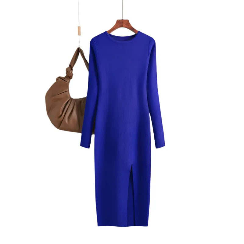 Elegant Winter Long Sleeve Knit Sweater Dress - Warm Bodycon Midi Pullover for Women