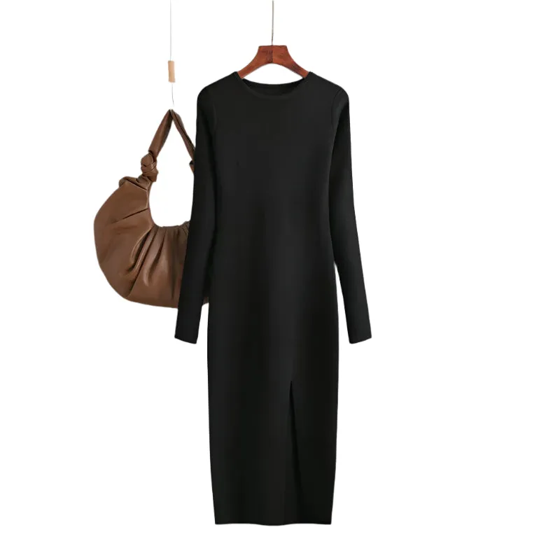 Elegant Winter Long Sleeve Knit Sweater Dress - Warm Bodycon Midi Pullover for Women